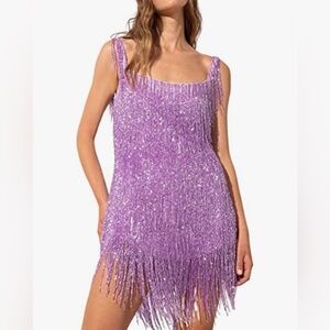 Women’s Purple Mini Dress Glitter Tassels Sequin Size M